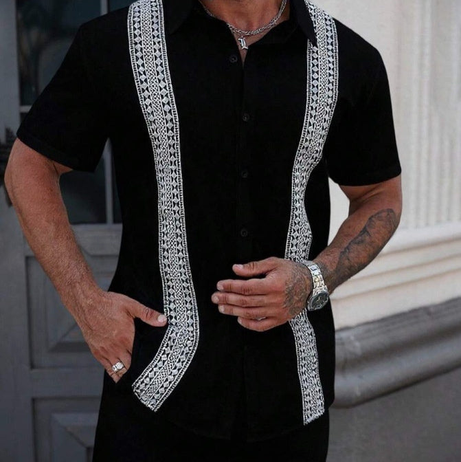 Mens Lapel-printed Short-sleeve Shirt And Shorts Set