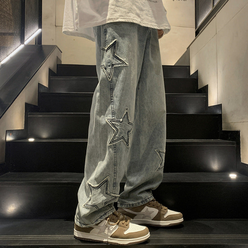 Men's Straight Leg Jeans, Winter High-End Streetwear, Loose Wide-Leg American High Street Vibe Pants