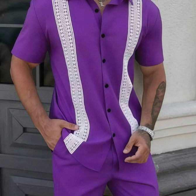 Mens Lapel-printed Short-sleeve Shirt And Shorts Set