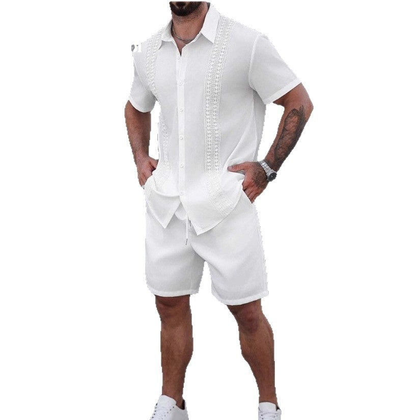 Mens Lapel-printed Short-sleeve Shirt And Shorts Set